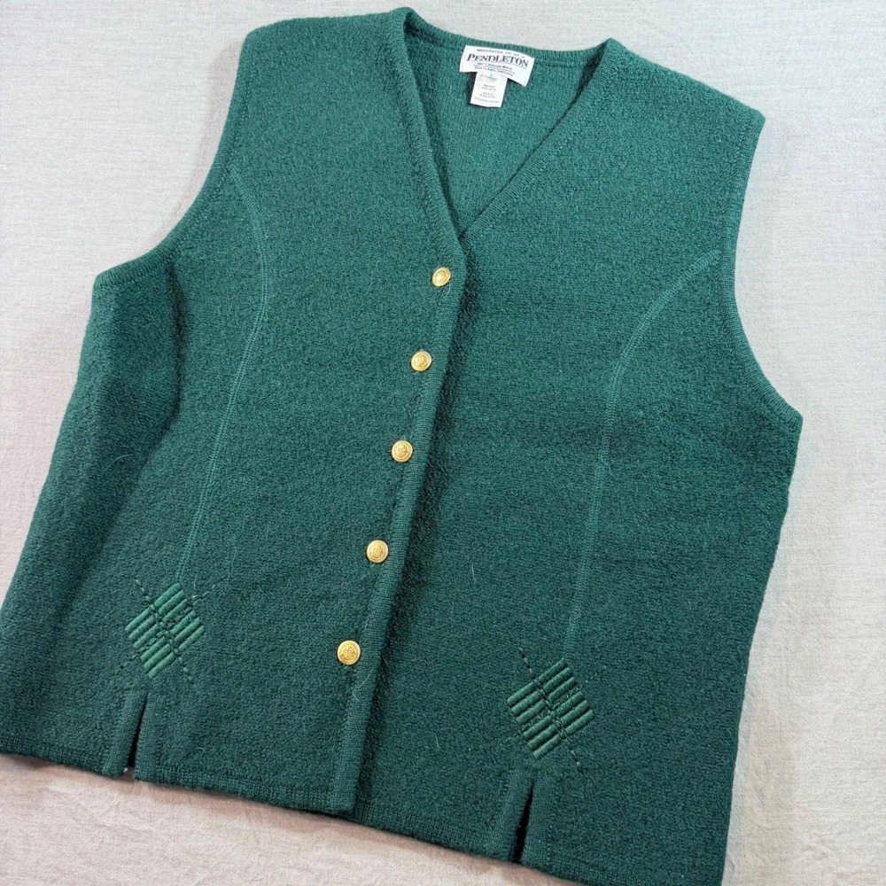Pendleton‎ Wool Sweater Vest Women's L Green Gold Button V-Neck Knit Excellent